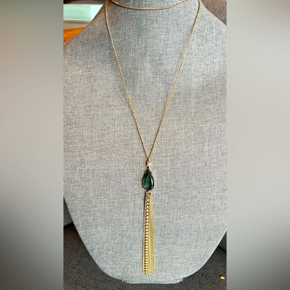 Carolee Necklace Long Lariat Green Blue Crystal Gold Chain 34” & 7” Pendant